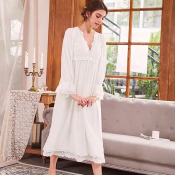 Naujas Atvykimo Pavasarį, Rudenį Moterys Princesė Nightgowns Lady ilgomis Rankovėmis Balta Vaiskiai Modalinis Lounge Sleepwear GT048