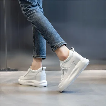 Natūralios odos moteriški batai rudenį 2020 m. naujas stiliaus storio vienintelis padidėjo 7cm laisvalaikio maži balti bateliai Pliušinis vieną batai