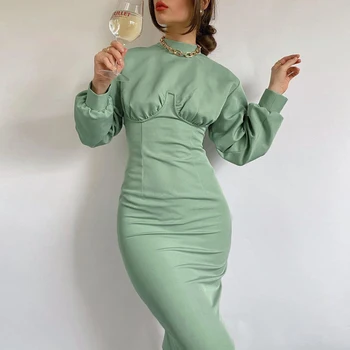 Golfo Žiemos Moterų Suknelė Elegantiškas Rudenį Midi Suknelė Ilgomis Rankovėmis Žalia Aukšto Juosmens Kietos Ponios Atsitiktinis Suknelės Tunika 2020 M.