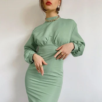 Golfo Žiemos Moterų Suknelė Elegantiškas Rudenį Midi Suknelė Ilgomis Rankovėmis Žalia Aukšto Juosmens Kietos Ponios Atsitiktinis Suknelės Tunika 2020 M.