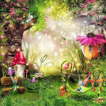 Pasaka Stebuklų, Enchanted Miško Fone Senas Medis, Gėlės, Grybai Laumės Princesė Baby Girl Gimtadienio Vakarėlio Fone
