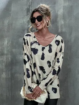 Marškinėliai Moterims, Leopardas spausdinimui Mados Long Sleeve V-Kaklo Atsitiktinis Viršūnes Plus Size Laisvas Megztinis Bazės Viršų