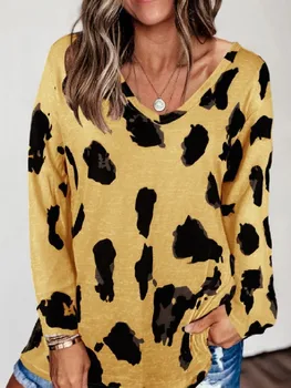 Marškinėliai Moterims, Leopardas spausdinimui Mados Long Sleeve V-Kaklo Atsitiktinis Viršūnes Plus Size Laisvas Megztinis Bazės Viršų