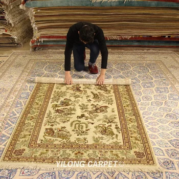 YILONG 4'x6' Rankų darbo šilko kilimų namų puošybai medžioklės dizaino šilko kilimas (YJH042B)