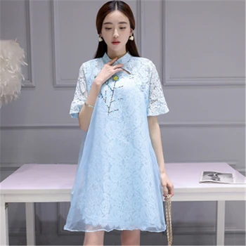Nauja Vasaros Suknelė Kinų Stiliaus Didelis Dydis Embriodery Moterų Suknelė Vintage Cheongsam Apykaklės Didelio Dydžio Gėlių Moteriška Suknelė J439