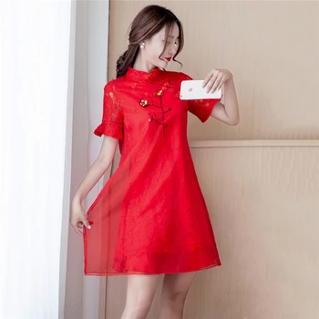 Nauja Vasaros Suknelė Kinų Stiliaus Didelis Dydis Embriodery Moterų Suknelė Vintage Cheongsam Apykaklės Didelio Dydžio Gėlių Moteriška Suknelė J439