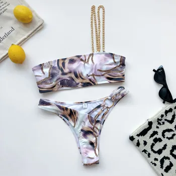 Peachtan Leopardas spausdinti swimsuit moterys Vienos pečių bikini komplektas 2020 Grandinės maudymosi kostiumėliai moterims, Aukštos sumažinti maudymosi kostiumą, Micro bikini naujas