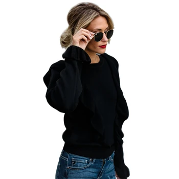 2018 m. rudenį atsitiktinis moterų ilgomis rankovėmis marškinėliai, medinės ausies trimitas rankovėmis mados vientisos spalvos laukinių megzti megztinis S-XL