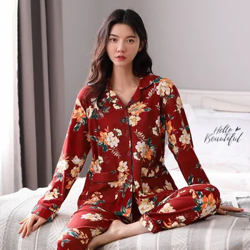 Medvilnės Sleepwear Pajama Nustatyti Moterų Spausdinimo Gėlių Cardigan Atvartas Mygtuką Pižamos Patogus, Kvėpuojantis Laisvalaikio Homewear Rudenį