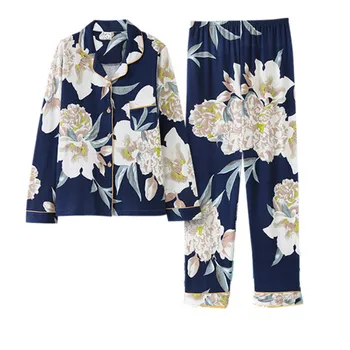 Medvilnės Sleepwear Pajama Nustatyti Moterų Spausdinimo Gėlių Cardigan Atvartas Mygtuką Pižamos Patogus, Kvėpuojantis Laisvalaikio Homewear Rudenį