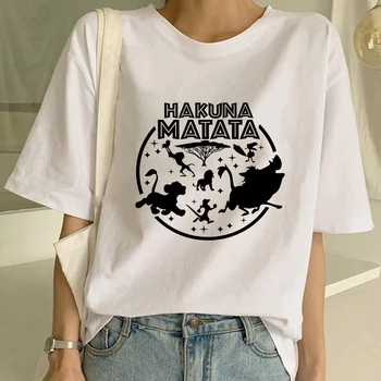 Kawaii Moterų Simba HAKUNA MATATA Naujas Viršūnes Moterų Laisvus Marškinėlius Vasaros White Tee marškinėliai Apvalios Kaklo Negabaritinių Marškinėliai Dropship