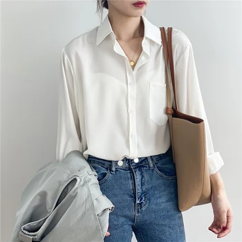 Vintage Palaidinė Moterims Rudenį Ilgomis Rankovėmis Marškinėliai Moterims Korėjos Stilius Laisvas Atsitiktinis Balti Stalviršiai, Kietieji Elegantiškas Blusas Visi Rungtynės