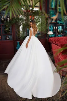Samtelis Kaklo Nėrinių Aplikacijos Vestuvių Suknelė 2020 Ilgos Satino vestido de noiva Backless Linijos, Kamuolys Suknelė pagal Užsakymą