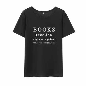 Knygų Savo Geriausia Gynyba Prieš Spausdinami Marškinėliai Moterims Vasaros trumpomis Rankovėmis Medvilnės Marškinėliai Femme O-kaklo Laisvus Marškinėlius Moterims