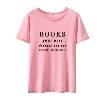 Knygų Savo Geriausia Gynyba Prieš Spausdinami Marškinėliai Moterims Vasaros trumpomis Rankovėmis Medvilnės Marškinėliai Femme O-kaklo Laisvus Marškinėlius Moterims