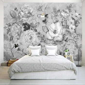 Retro Juodos Ir Baltos Gėlės Foto Freskomis 3D Tapetai Miegamajame, Gyvenamasis Kambarys Abstraktusis Menas, Sienų Medžiaga Papel De Parede 3D Paisagem