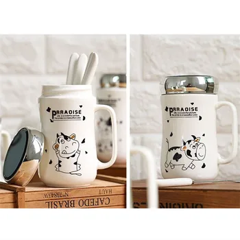 450ML Mielas Karvių Animacinių filmų Keramikos Puodelis su Dangteliu ir Šaukštu Office Home Cup Kava, Pienas, Arbata Vandens Butelį, Moterų, Vaikų Puodelis Dovanos