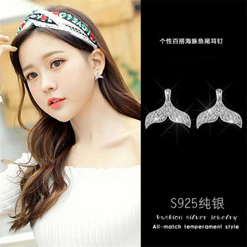 Prabanga Korėjos Undinėlės Uodega Bling Kubinių Akmenys Stud Earings 925 Sterlingas Sidabro Delfinų Uodega Bižuterijos 2020 Moterims, Merginos