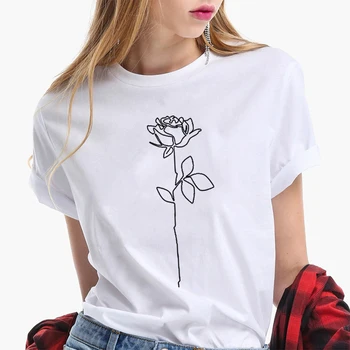 Rožių Atspausdintas T-shirt Medvilnės trumpomis Rankovėmis Apvalios Kaklo Vasaros Aukštos Streetwear Mados Marškinėlius viršuje tees moterų, Merginų, mergaičių