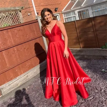 Vestido De Festa 2019 Ilgą Raudoną Vakarinę Suknelę Linijos, Spageti Dirželis V Kaklo Oficialus Moterų Suknelės Pagal Užsakymą Pagaminti Vestuvių Suknelės, Šaliai