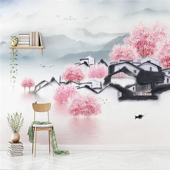 Naujas Kinų stiliaus ranka-dažytos architektūros persikų kraštovaizdžio kraštovaizdžio televizijos sofa sienos profesinės gamybos tapetai mur