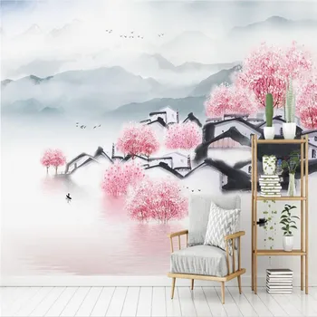 Naujas Kinų stiliaus ranka-dažytos architektūros persikų kraštovaizdžio kraštovaizdžio televizijos sofa sienos profesinės gamybos tapetai mur