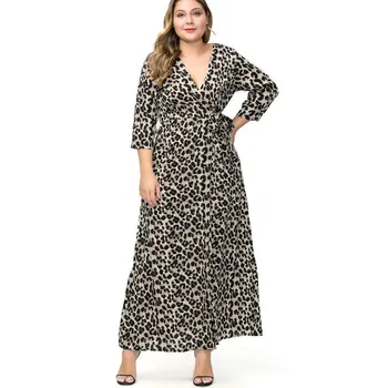 Rudenį Moterų ilgomis Rankovėmis Suknelė Kulkšnies Ilgis Pilka Leopard V-kaklo Sexy Nėrinių Office Lady Plius Dydis Suknelė Su Aukštos Ritininės