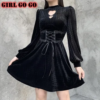Gothic Lolita harajuku klostuotas mini suknelė moterims cheongsam suknelė vestidos mujer tvarstis velvet black šalis suknelės veliūras