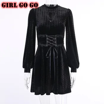 Gothic Lolita harajuku klostuotas mini suknelė moterims cheongsam suknelė vestidos mujer tvarstis velvet black šalis suknelės veliūras