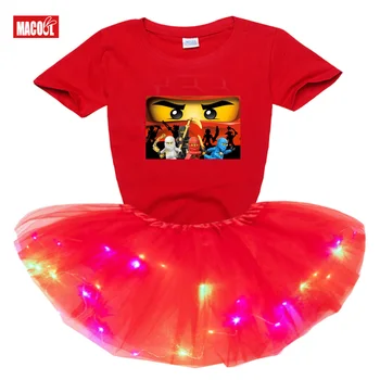 Mergaičių suknelės, šaliai, mados Šviesos diodų (LED) Tutu Suknelė+Marškinėliai 2 vnt bamblys, vaikams, suknelės mergaičių tutu vaikų šalis princesė suknelė