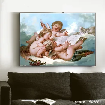 Be rėmelio klasikinio angelai kūdikių muzikos aliejaus tapybos drobės spaudiniai aliejaus tapybai atspausdintas ant medvilnės sienos meno apdailos nuotrauką