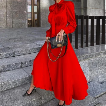 Moterys, Satino, Šilko Raudona Suknelė Seksualus Kietas Lankas Kaklo Dekoras Ilgomis Rankovėmis Aukštos Juosmens Maxi Suknelė 2020 Elegantiškas Rudenį Ilgos Suknelės Vestidos