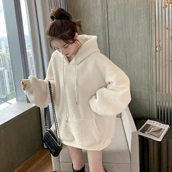 Rudenį, Žiemą Korėjos Stiliaus Didelio Dydžio Moterims Palaidinės Kepti Gatvių Imitacija Ėriukų Pliušinis Šiltas Hoodies Ilgomis Rankovėmis Su Gobtuvu Viršūnės