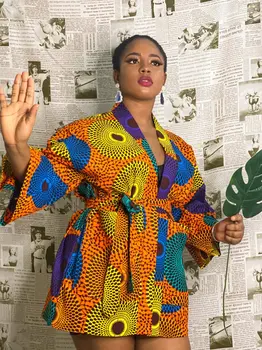 Rudenį Spalvinga Spausdinti Afrikos susagstomi megztiniai Su Diržo Atsitiktinis Elegantiškas Suknelės Moterims Mados Kišenėje Kimono Megztinis Gėlių Spausdinti