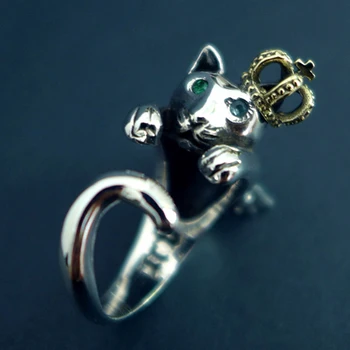 Ruibeila sterlingas sidabro karūna sparnus cute kačių 925 sterlingas sidabro žiedas moterų atidarymo reguliuojamo dydžio žiedas