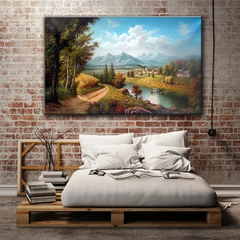 Klasikinio kalnų apskrities namas upės kraštovaizdžio drobės spaudiniai aliejaus tapybai atspausdinta ant drobės sienos meno apdailos nuotraukas