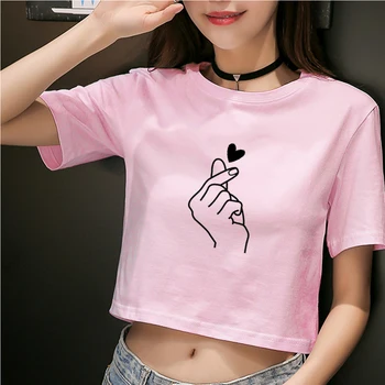 Pirštų Širdyje, Print T-shirt Moterims, Vasaros Trumpos Rankovės O Kaklo Medvilnės Marškinėliai Seksuali Moteris Pasėlių Top Marškinėliai Femme Camisetas Mujer