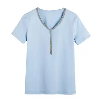 Prekės ženklo Mados Moterų High-end Luxury Vasarą V-kaklo Medvilnės Grandinės Diamond trumparankoviai marškinėliai Tees Top moterims