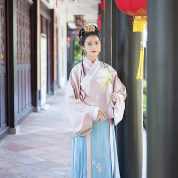 Ming Dinastija Hanfu Moterų Kinijos Tradicinės Ir Klasikinės Senovės Liaudies Šokio Spektaklis Etape Drabužius Rožinė Mėlyna Hanfu VO408