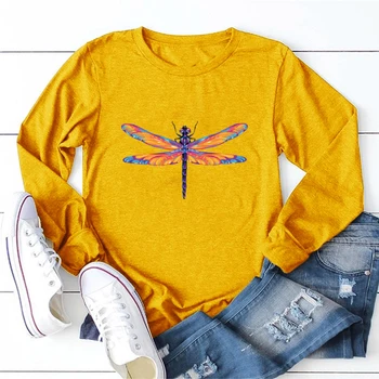 Y2k Estetinės Dragonfly Spausdinti ilgomis Rankovėmis Įgulos Kaklo 65% Medvilnės Moteris Tshirts Harajuku Gatvės Stiliaus S-2xl Femme marškinėliai Topai