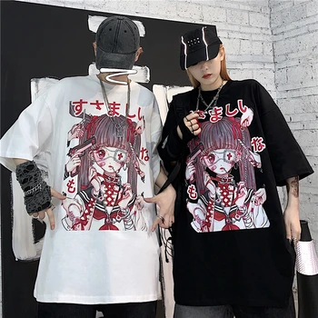 Harajuku Stiliaus Tamsiai Juoda dvimatis Anime, Print T-shirt Vyrams ir Moterims Prarasti Gatvės Stiliaus Trumpas rankovėmis Viršūnes Mėgėjams