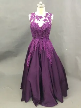 Realios Foto-Line Bakas Rankovių Satino Violetinė Prom Dresses Ilgai Nėrinių Appliques Prom Šalis Suknelės su Karoliukais