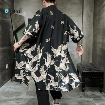 LOLDEAL Vasaros Kinų Stiliaus Švarkelis, Spausdinimas, plaukiojančio Krano Kimono Atsitiktinis Megztinis Apsiaustu Vyras