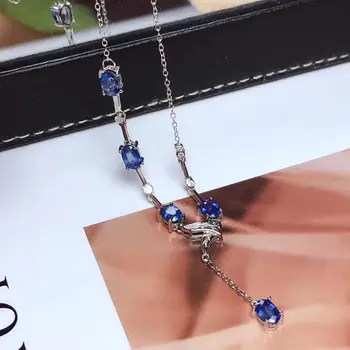 Elegantiškas Paprasta linija kutas Gamtos mėlynas safyras Pakabukas karoliai S925 sidabro Natūralus akmuo karoliai mergina dovana baudos juvelyriniai dirbiniai