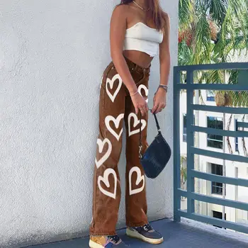 Moterų Aukšto Juosmens Džinsai Y2k Baggy Kelnės Atsitiktinis Širdies Išspausdinta Plati Koja Kelnės Džinsai Streetwear Ponios E-girl Pantalones Mujer