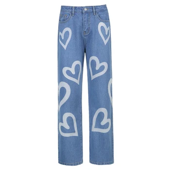 Moterų Aukšto Juosmens Džinsai Y2k Baggy Kelnės Atsitiktinis Širdies Išspausdinta Plati Koja Kelnės Džinsai Streetwear Ponios E-girl Pantalones Mujer