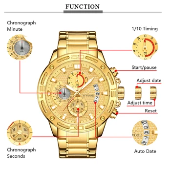 WWOOR Vyrai Laikrodžiai Top Brand Prabanga Chronograph Aukso Nerūdijančio Plieno Didelis Kvarciniai Laikrodžių Vyrams, Vandeniui Aukso Vyrų Riešo Žiūrėti