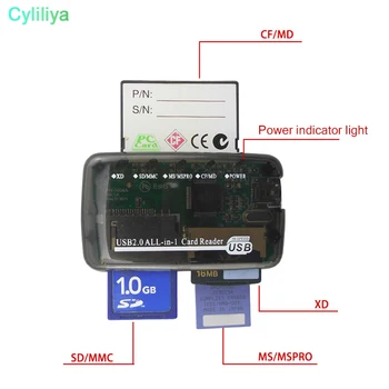 200pcs 6 in 1 kortelių skaitytuvas SD MMC XD SM MS, CF, MD Atminties Multi viena USB2.0 Smart media card reader