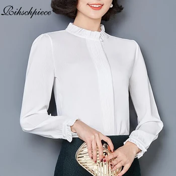 Rihschpiece 2018 metų Rudenį Baltas Moterims Palaidinės Vintage Marškinėliai Šifono ilgomis Rankovėmis Slim Top OLIS Ponios Marškinėliai RZF1303