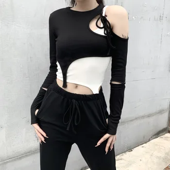 Kietas Goth Moterų Nereguliarus Hipster Marškinėliai Nustatyti, 2021 M. Rudenį Lady Nėriniai-up Tuščiaviduriai Iš Roko Gatvės Juoda Marškinėlius Balta Camis Dviejų dalių